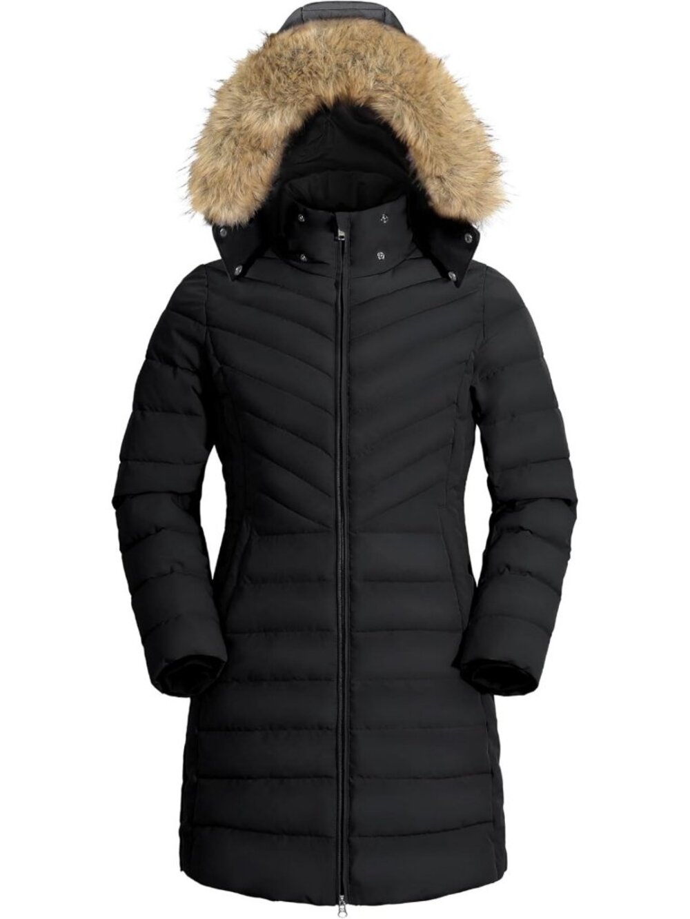 Warm Long Puffer Jacket for Women - Waterproof Quilted Parka with Faux Fur Hood